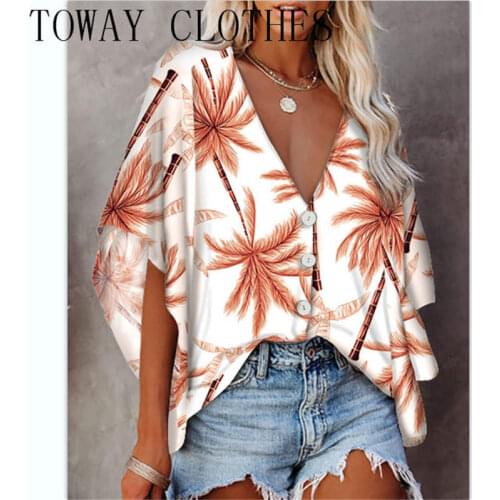 Gradient Leaf Tropical Print V-Neck Flare Sleeve 1/2 Sleeves Button Up Casual T-shirts Summer Single-Breasted Tee For Women 2021