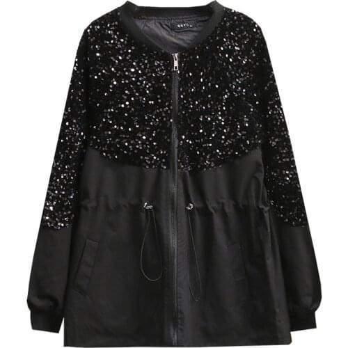 Womens Clothing Jacket Plus Size Autumn 2021 Fashion Casual Female Sequined Splice Drawstring Waist Coats Chaqueta De Mujeres