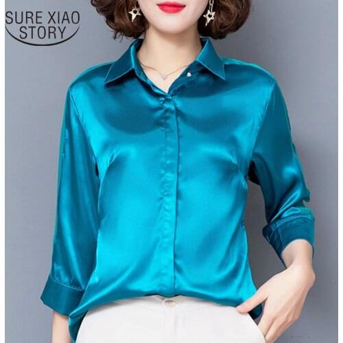 Korean Fashion Clothing 2021 Chiffon Blouse Women Three Quarter Button Solid Plus Size Top Pink And White OL Ladies Tops 7996 50