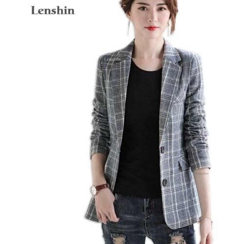 Lenshin Vintage England Style Plaid Coat with Pockets for Women Two Button Long Sleeve Jacket Fashion Outwear Blazer