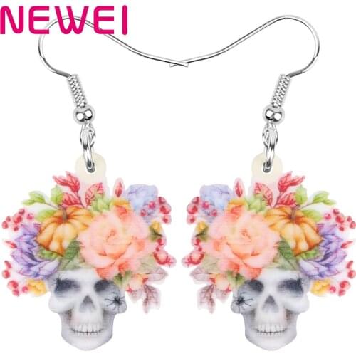 Newei Acrylic Halloween Flower Skull Earrings Aesthetic Skeleton Dangle Drop Jewelry For Women Girls Kid Fashion Gift Decoration