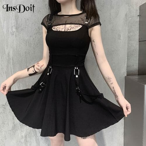 InsDoit Harajuku Sexy Mesh Hollow Out Black Mini Dress Gothic Vintage Bandage High Waist Dress Streetwear Punk Patchwork Dress
