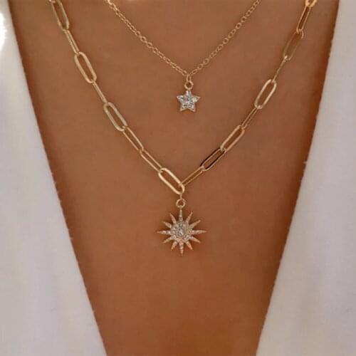 Necklace for Women Multilayer Pendants Crystal Necklace Stars Sun Fashion Necklace Women Jewelry Accessories