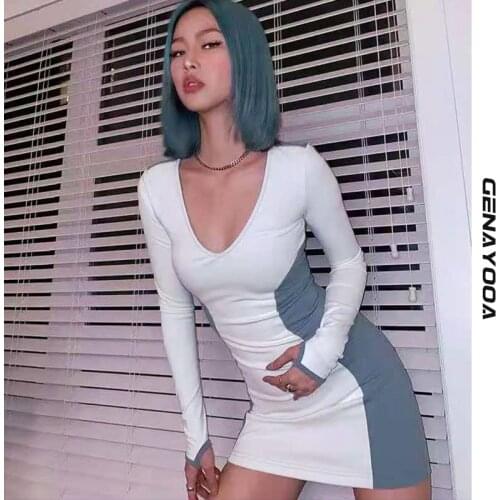 Genayooa Sexy V Neck Bodycon Dress Women Streetwear Party Club 2021 Autumn Spring Slim Patchwork Sheath Long Sleeve Vestidos