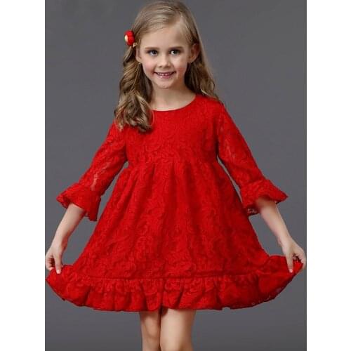 1-9 year autumn winter children clothing Red lace dress Mermaid skirt with ruffles Birthday wedding dress Elegant dress for girl