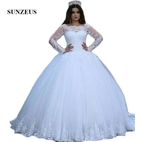 Middle East Lady Bridal Wedding Gowns Lace Appliques Long Sleeve Wedding Dresses White Tulle Ball Gown vestido de noiva