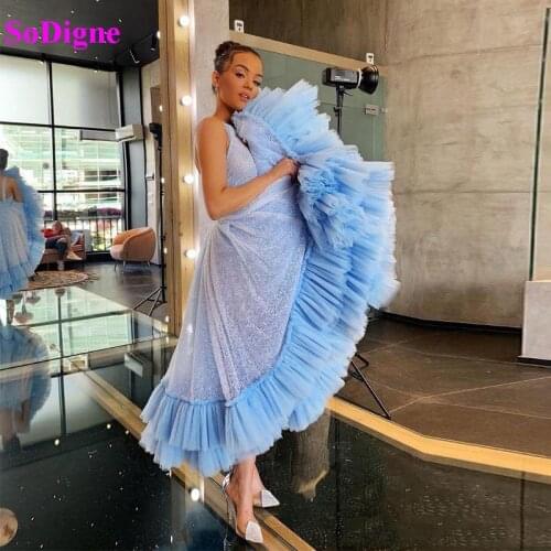 SoDigne Short Evening Dress 2021 Sparkly Sexy Backless Sequined Tulle Evening Party Dress Glitter Formal Gown