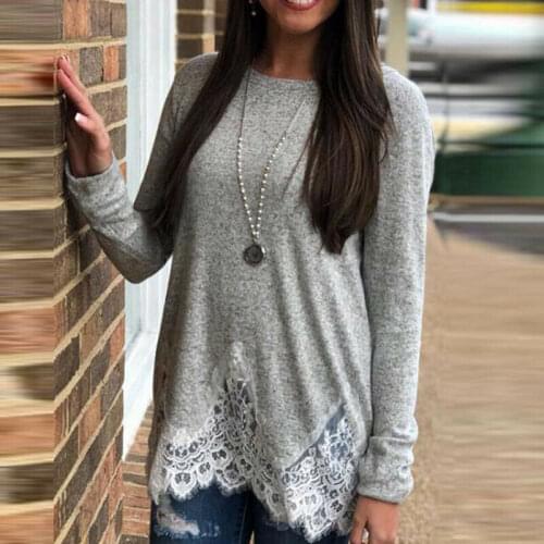 2019 Hot Womens Long Sleeve T-Shirt Lace Panel Long Sleeve Top Slim Loose Cotton Tops