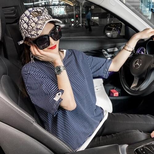 2021 summer new stitching fake 2 round neck striped short-sleeved T-shirt ladies top