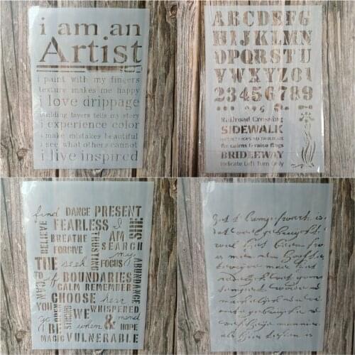 4pcs Size A4 DIY Craft Letter Stencils for Painting on Wood,Fabric,Walls Art Scrapbooking Stamping Album Embossing Paper Cards