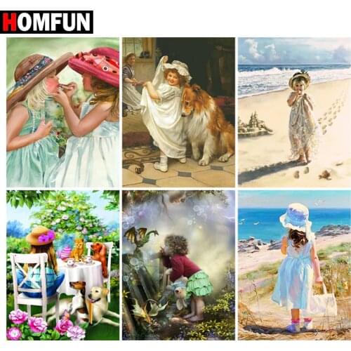 HOMFUN Diamond Painting Full Square/Round Diamond "Girl child flower" Pattern Embroidery Cross Stitch 5D Rhinestone Painting