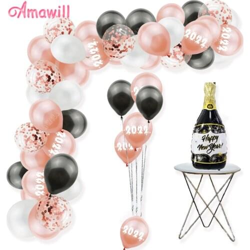 Amawill 2021 Happy New Year Christmas Champagne Wine Bottle Balloon Confetti Latex New Year Party Balloons Arch Kit For Home