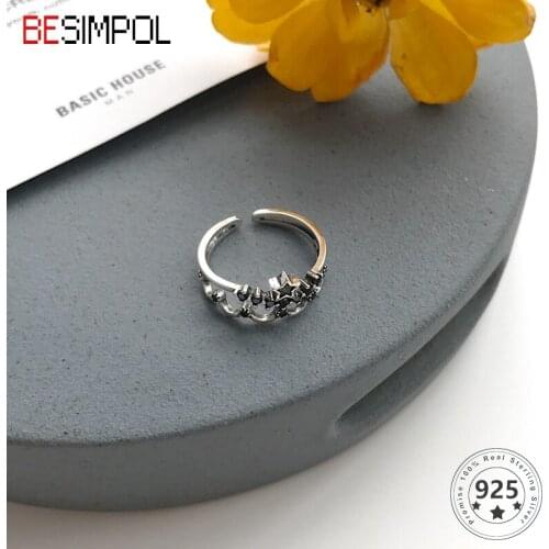 Besimpol Real s925 Sterling Silver Ring Vintage Old Type Star Crown Zircons Adjustable Open Rings For Women Fine Jewelry Gifts