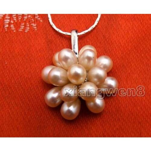 Big 20mm natural Pink 6-7mm pearl Flower Pendant & free 17" Chain Necklace