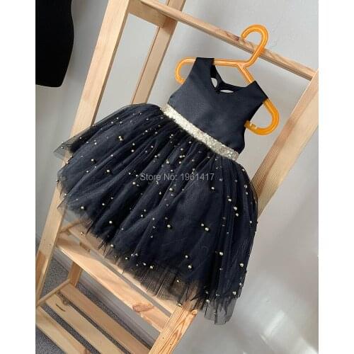 Feather Cap Sleeve Black Flower Girls Dresses Black Girls Birthday Party Dress Celebrity Dresses With Golden Pearl Beading