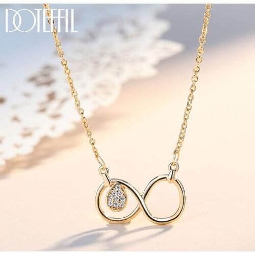 DOTEFFIL 925 Sterling Silver 18 Inch Gold Charm AAA Zircon Necklace For Women Fashion Engagement Wedding Party Jewelry