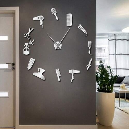 Diy Barber Shop Giant Wall Clock with Mirror Effect Barber Toolkits Decorative Frameless Clock Watch Hairdresser Barber Wall Art