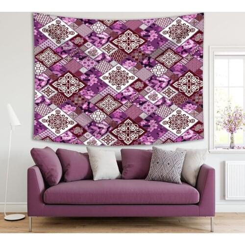 Tapestry Floral Ornaments Stylized Flowers Leaves Lace Patchwork Decorative Artwork Fuchsia White