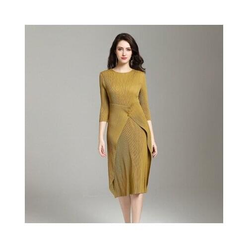 HOT SELLING Miyake Fashion wrist three quarter O-neck fold dress button straight dress IN STOCK
