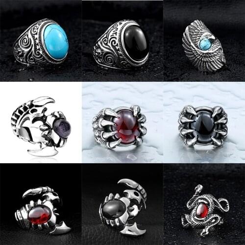 Gothic Titanium Kull Red Stone Rings Punk Rock 316L Stainless Steel Finger Ring Mens Biker Male Jewelry