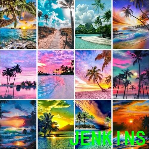Seaside Diamond Painting Full Square Embroidery Landscape Diamond Rhinestones Art Bead Picture Mosaic Coconut Tree Jenkins