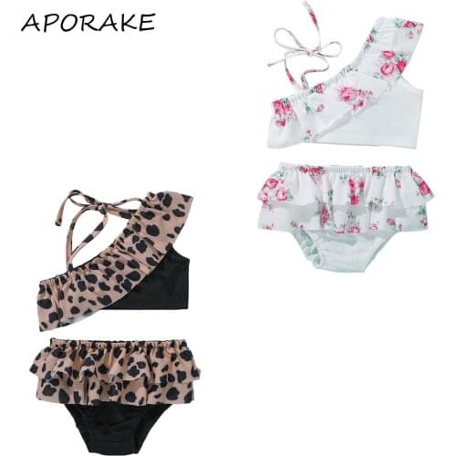 2021 0-6Y Sweet Kids Baby Girl Two Pieces Swimsuit Floral/Leopard Ruffle One Shoulder Crop Top+Triangle Shorts Holiday Beachwear