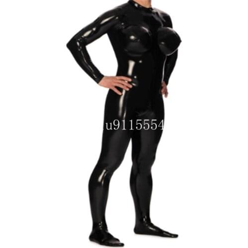 Handmade Unisex Latex Catsuit with Socks Tight Transvestite Bodysuit with Inflatable Chest for Women
