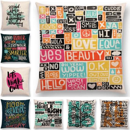 Hot Sale Colorful Pattern Decorative Letters Meaningful Words Good Things Hello Thanks Fun Love Hero Cushion Cover Pillow Case