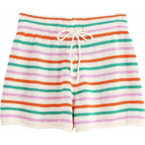 DOUJILI Hot Sumemr Shorts Middle Waist Soft Knitted Red Green Stripe Short Pants Sweet Girl Ladies Shorts Casual Wearing
