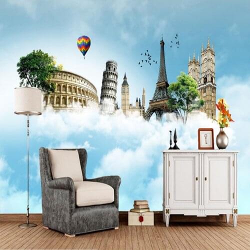 Cartoon European tourist attractions on the clouds 3d wallpaper papel de parede,living room tv sofa wall bedroom mural