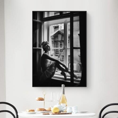 Black White Ballet Girl Window Wall Art Canvas Art Painting Vintage Posters and Prints Wall Pictures for Living Room Home Decor
