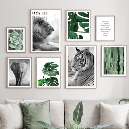 Green Plant Monstera Cactus Lion Tiger Elephant Wall Art Canvas Painting Nordic Posters And Prints Wall Pictures For Living Room
