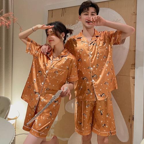 New Short Sleeve Silk Pajamas Women Man Lovers Summer Lounge Set Girl Sleepwear 2pcs Pyjamas Plus Size Couple Pajamas Nightwear