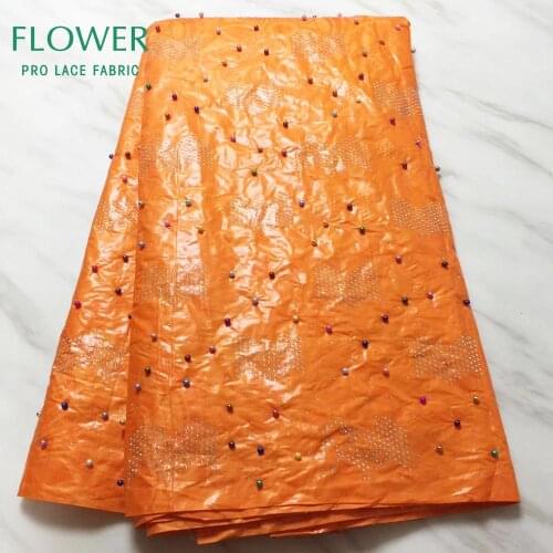 Orange Bazin Riche Jacquard Lace Fabric With Colorful Beads And Stones Unique Design Indian Guinea Lady Basin Dresses Material