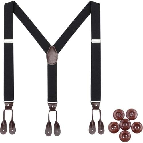 Mens Fashion Leather Suspenders Black 3.5cm Wide Y Back Button End Adjustable Elastic Trouser Braces Strap Belt Father Dad Gift