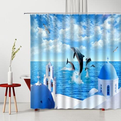 Romantic Sea View Bathroom Shower Curtain Dolphin Modern Minimalist Beach Building Printed Fabric Home Decor Cloth Curtains Set