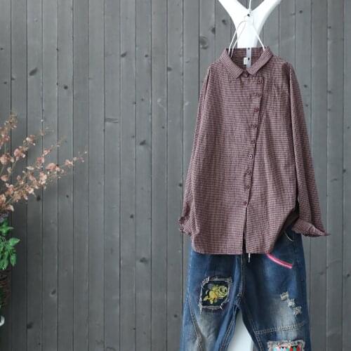 Vintage Thin Plaid Turn Down Collar Slant Frog Button Cotton Linen Shirt Chinese Classical Artistic Elegant Loose Top Shirts New