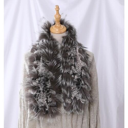 New Winter Womens Genuine Real Rex Rabbit Fur Silver Fox Fur Hand Knitted Scarf Scarfs Scarves Wraps Snood Street Fashion