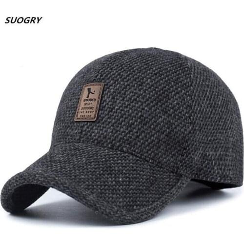 SUOGRY Woolen Knitted Design Winter Baseball Cap Men Thicken Warm Hats With Earflaps