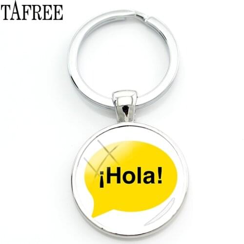 TAFREE Spanish Hola Keychain For Keys Hot Selling Glass Cabochon Dome Art Photo Keyrings For A Woman Car Bags Badge Jewelry SA11