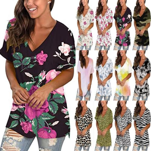 Hot style V-neck Loose Camo Flower-Printed Short-Sleeved 2021 Summer Womens T-shirts Selling Hot For
