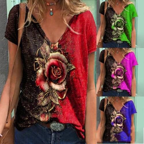 Women Summer Batwing Sleeve V Neck Floral Printed Shirt Tee Casual Loose Top Holiday Beach Blouse T-Shirt Pullover Plus Size