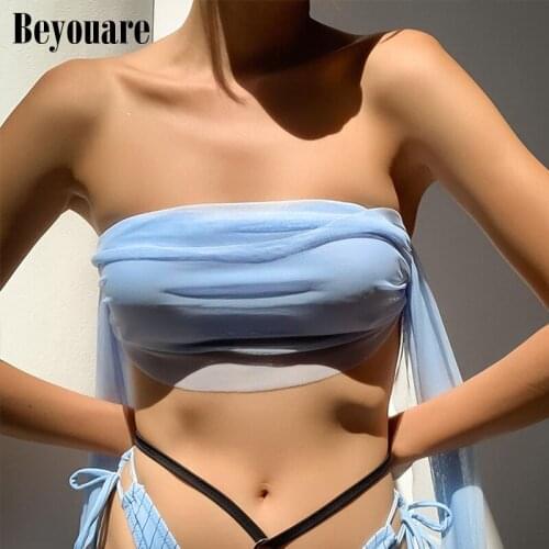 Beyouare Womens Strapless Tank Gauze Halter Bandage Crop Tops Sexy Beach Style Solid Elegant Skinny Ultrashort Vest 2021 Summer