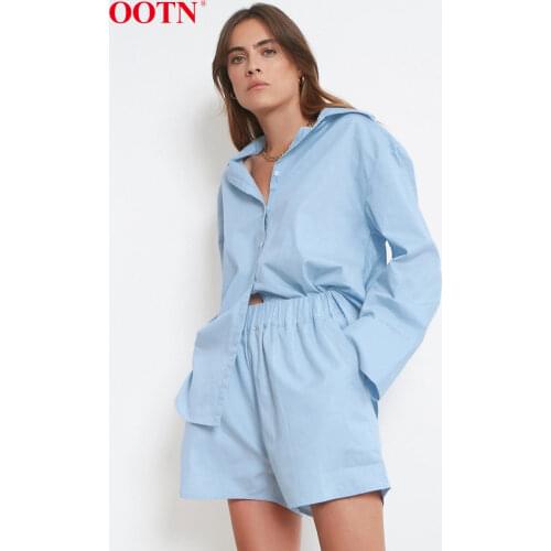 OOTN Cotton Casual Suits Women Long Sleeve Sets Blue Home Wear Solid Tops Female White Shorts Two Piece Sets Spring Summer 2021
