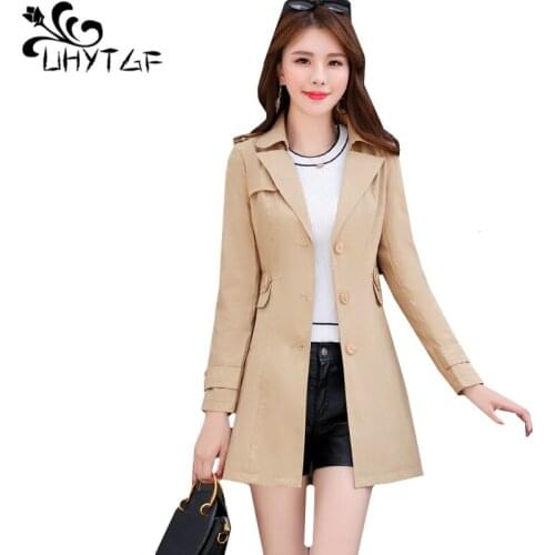 UHYTGF Spring autumn trench coat woman Single-breasted slim Female coats Lapel casual 3XL plus size tops womens windbreaker 379
