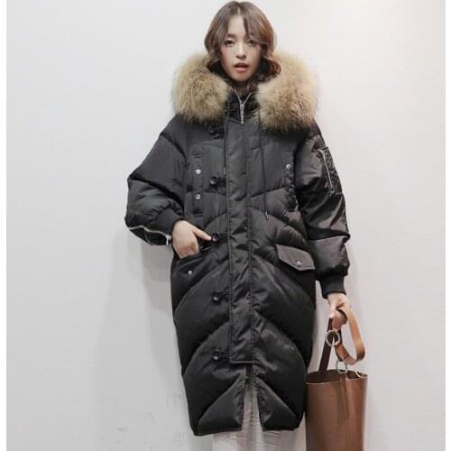 2020 Korean Style Winter Womens Down Jacket Oversize 90% Duck Down Coat Women Long Large Real Raccoon Fur Hooded