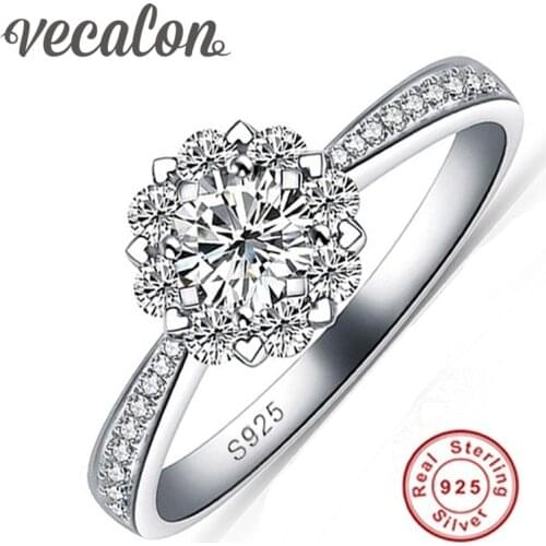 Vecalon Flower Design Women Jewelry 925 Sterling Silver Ring 1 Carat 5A Zircon cz Engagement Wedding band Rings For Women