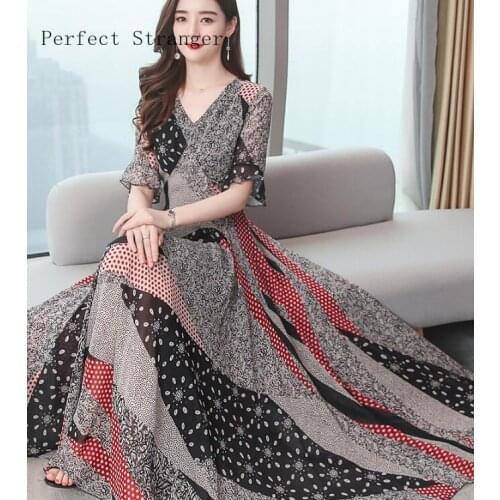 Bohemian Style 2020 Summer New Arrival V Collar Flare Sleeve Color Block Women Chiffon Long Dress M-4XL