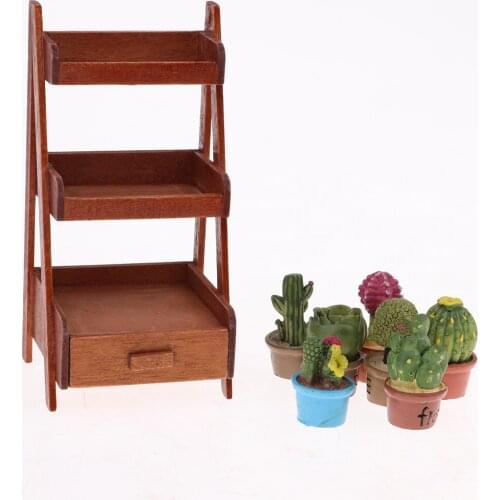 1/12 Dollhouse Mini 3 Layer Flower Rack Plant Ladder Shelf & Potted Plants