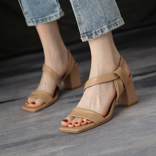 QZYERAI Summer New Arrival Genuine Leather Sandals Womens Shoes High Heels Fashion Party European Style